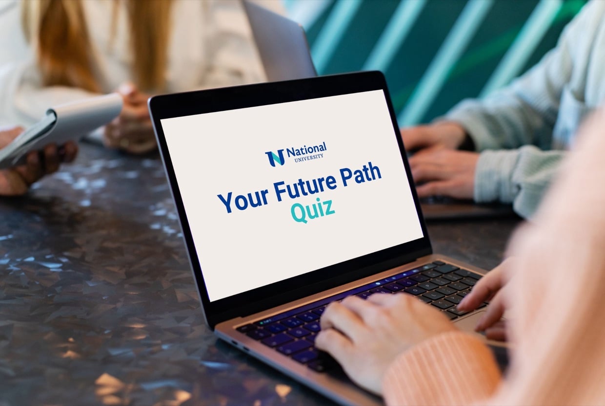 Laptop showing the National University "Your Future Path Quiz" screen