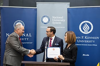 President Andrews and President Bean of John F. Kennedy University celebrate the launch of NU East Bay.