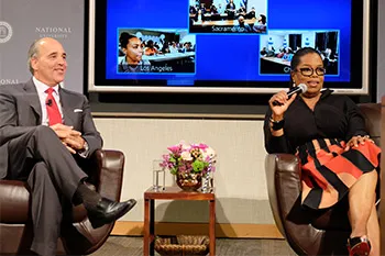 Chancellor Cunningham and Ms. Oprah Winfrey conduct a Q&A with students following Ms. Winfrey's lecture April 7, 2016 in the Sanford Education Center, La Jolla, CA.