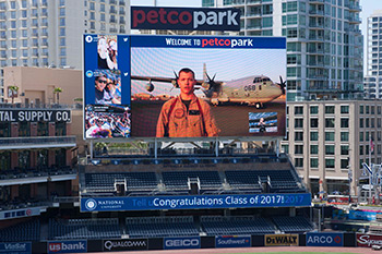 NU student, Sergeant Jameson Kaye, delivers a special message to fellow graduates