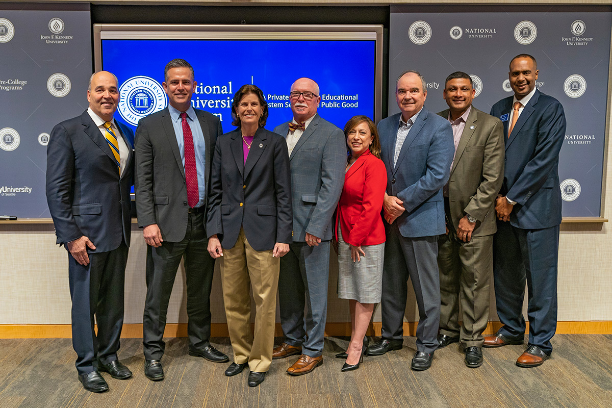 Former SDPD Chief Shelley Zimmerman announces she will join National University with NUS Chancellor Cunningham, NU President Andrews, and members of NU/S faculty and staff.