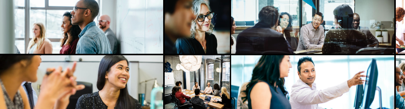 a collage of professional men and women in various conference rooms and meetings