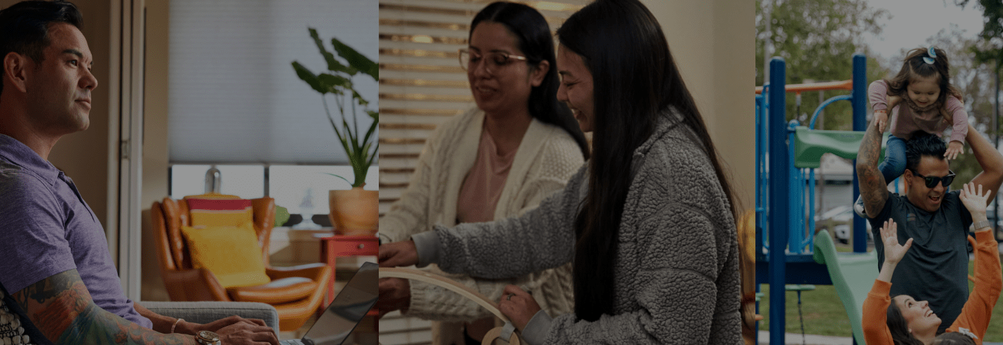 A collage of three images highlights individuals balancing life and connection. In the first image, a man with tattoos sits in a cozy living room, working on a laptop with focus. The second image shows two women collaborating on a project, smiling as they work together in a warm, indoor setting. In the third image, a man plays with two children at a playground, holding one child on his shoulders while another joyfully raises their hands, showcasing family fun and togetherness. The collage reflects themes of work, collaboration, and family life.