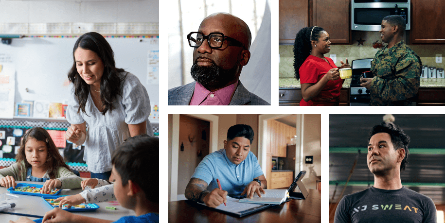 A collage of five photos showcases diverse individuals in various settings: a teacher helping two young students with educational materials in a bright classroom; a bearded man wearing glasses and a suit jacket, gazing thoughtfully into the distance; a couple smiling and chatting in a kitchen, with the man in a military uniform and the woman holding a mug; a man sitting at a table writing in a notebook with a tablet in front of him; and another man standing confidently in a warehouse-like setting, wearing a black shirt with "NJ SWEAT" printed on it.