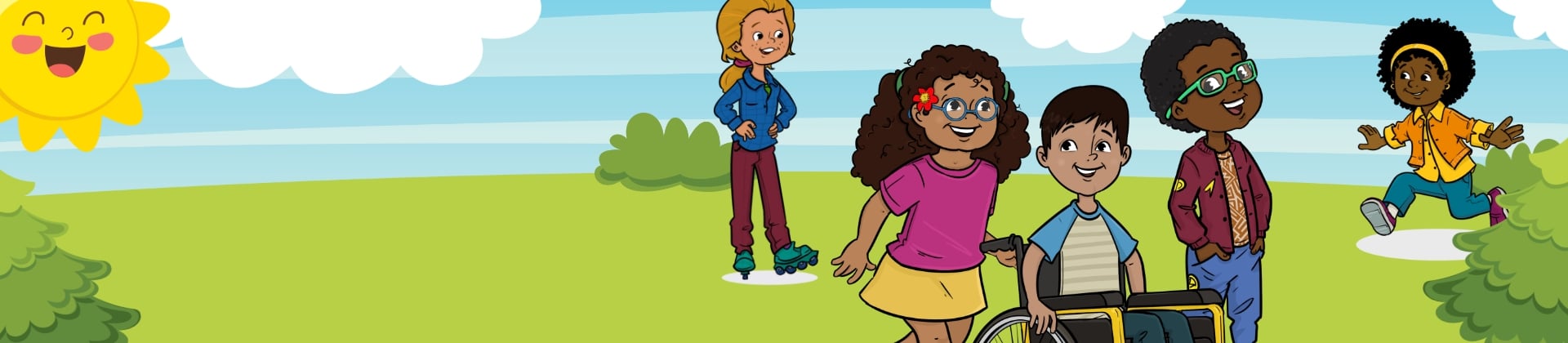 Cartoon image of children playing in grassy field