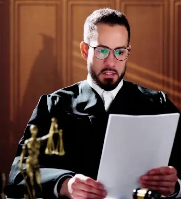 judge sitting in courtroom reviewing a document
