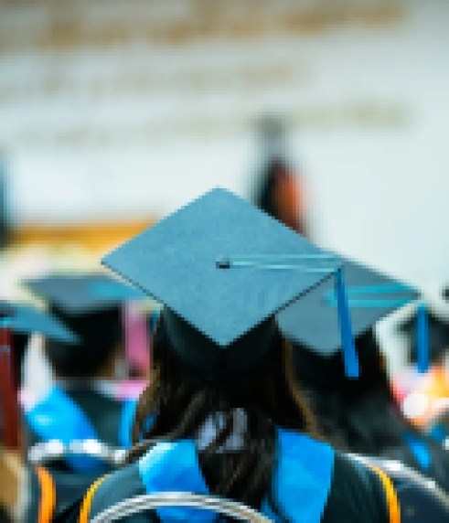 students sitting viewing their caps from behind