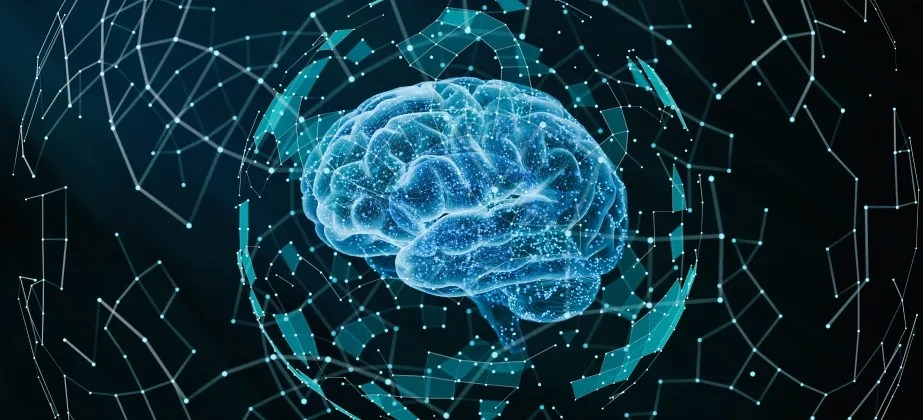 blue rendering of a brain with points of connection and lines all around